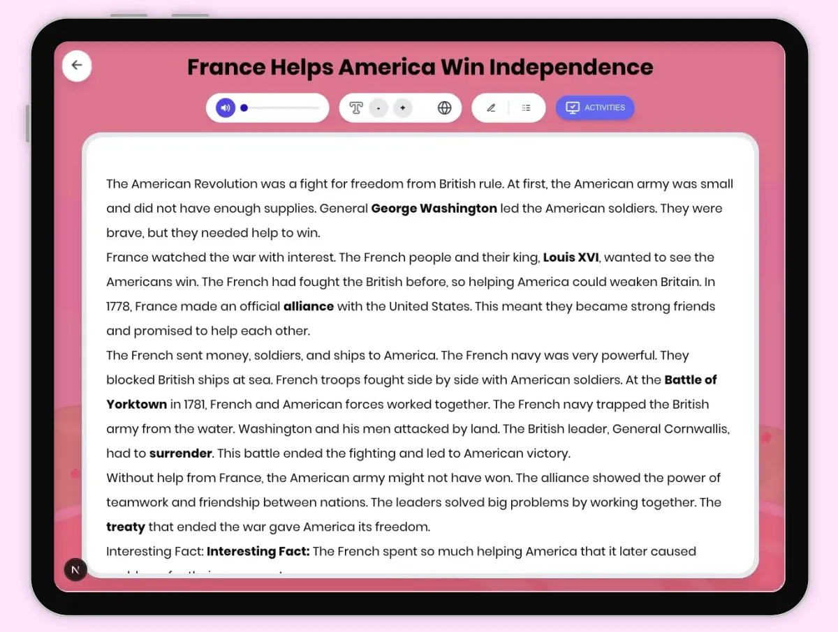 Interactive — Reading Comprehension preview: France Helps America Win Independence covering D2.HIS.3.3-5, D2.HIS.5.3-5RI.4.3, RI.4.4, RI.5.3, RI.5.4 standards - Page 1 of 1