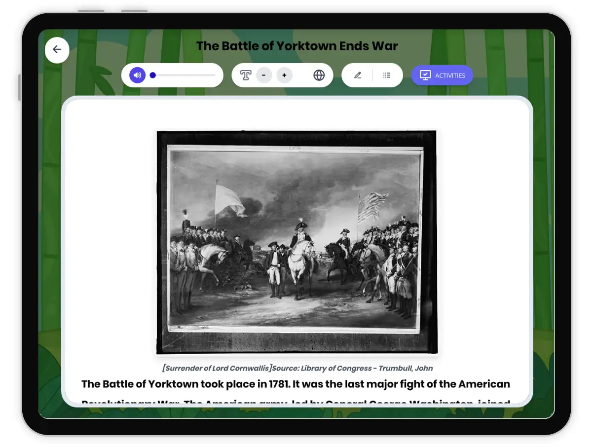 Interactive — Reading Comprehension preview: The Battle of Yorktown Ends War covering D2.HIS.1.3-5, D2.HIS.2.3-5, RI.4.1, RI.4.3 standards - Page 1 of 1
