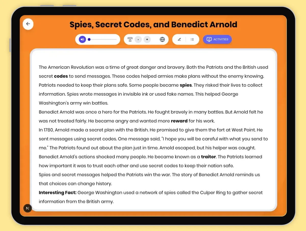 Interactive — Reading Comprehension preview: Spies, Secret Codes, and Benedict Arnold covering D2.HIS.2-5.3-5, RI.4.1, RI.4.3 standards - Page 1 of 1