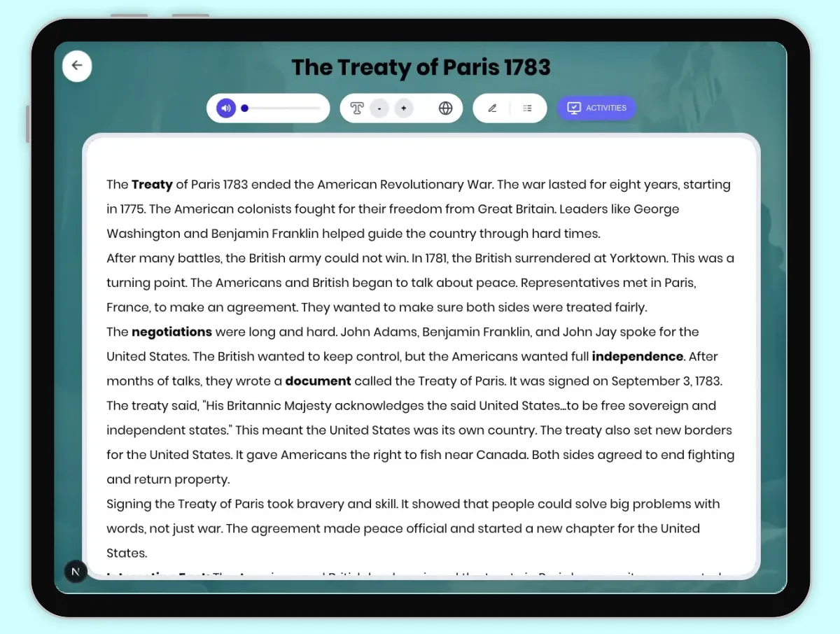 Interactive — Reading Comprehension preview: The Treaty of Paris 1783 covering D2.HIS.1-4.3-5, RI.4.3, RI.4.4, RI.4.10 standards - Page 1 of 1