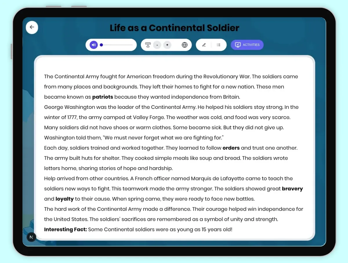 Interactive — Reading Comprehension preview: Life as a Continental Soldier covering D2.HIS.1.3-5, RI.4.1, RI.4.3 standards - Page 1 of 1