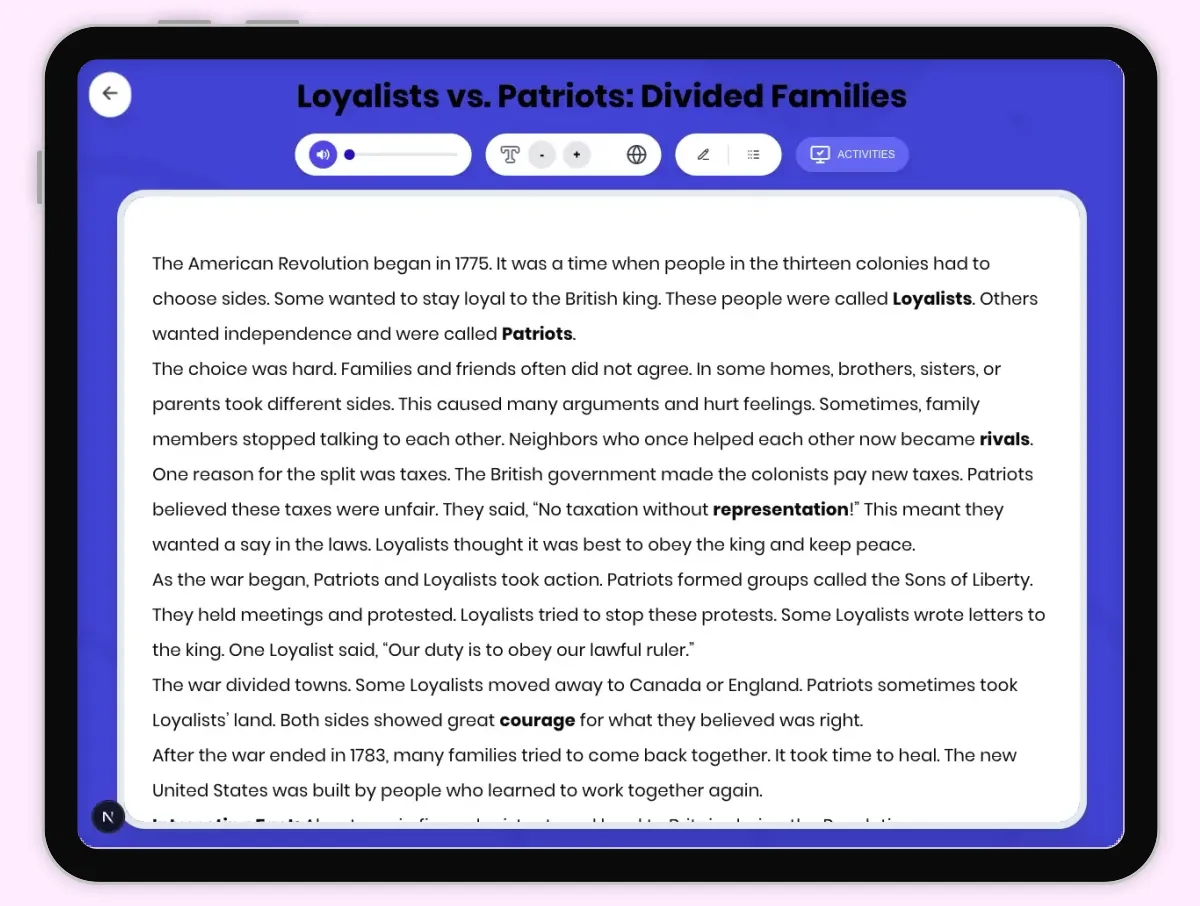 Interactive — Reading Comprehension preview: Loyalists vs. Patriots: Divided Families covering D2.HIS.1.3-5, D2.HIS.2.3-5, RI.4.3, RI.4.4, W.4.2 standards - Page 1 of 1