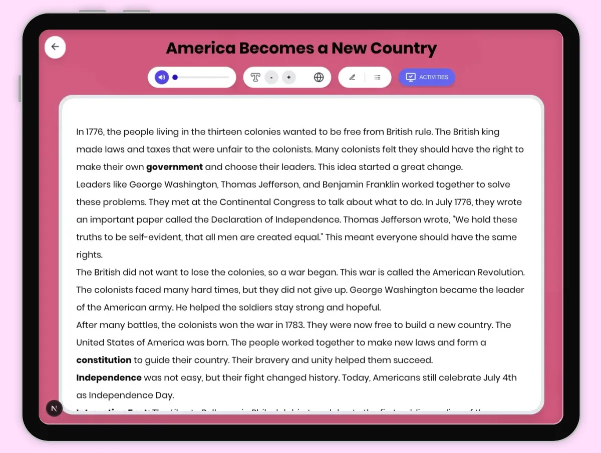 Interactive — Reading Comprehension preview: America Becomes a New Country covering D2.HIS.1-6.3-5, RI.4.1, RI.4.3, RI.4.4, W.4.2 standards - Page 1 of 1