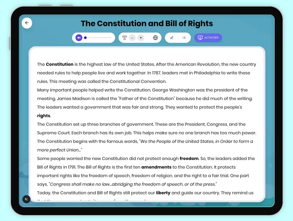 Interactive — Reading Comprehension preview: The Constitution and Bill of Rights covering D2.CIV.2.3-5, D2.CIV.12.3-5, RI.4.1, RI.4.3, RI.4.4 standards - Page 1 of 1