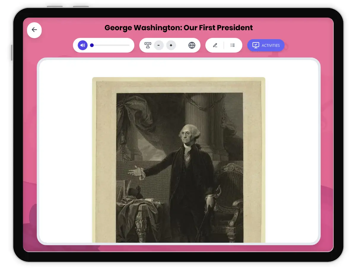 Interactive — Reading Comprehension preview: George Washington: Our First President covering D2.HIS.2.3-5, D2.HIS.3.3-5, RI.4.3, RI.4.4, W.4.2 standards - Page 1 of 1