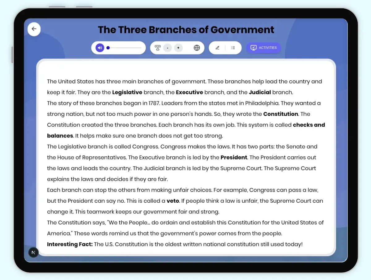 Interactive — Reading Comprehension preview: The Three Branches of Government covering D2.CIV.1.3-5, D2.CIV.4.3-5RI.4.1, RI.4.3, RI.4.4 standards - Page 1 of 1