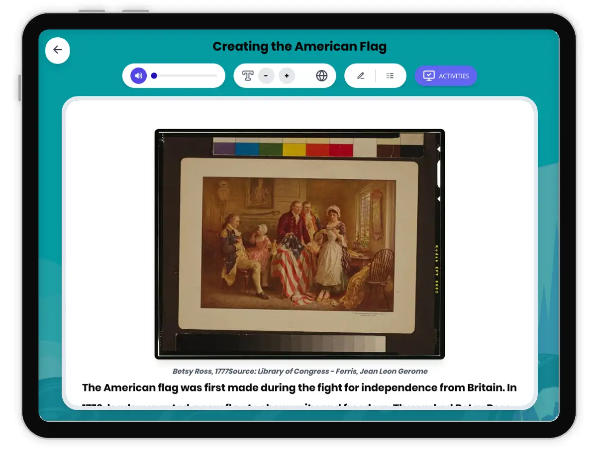 Interactive — Reading Comprehension preview: Creating the American Flag covering D2.HIS.1-3.3-5, RI.4.3, RI.4.4, W.4.2 standards - Page 1 of 1