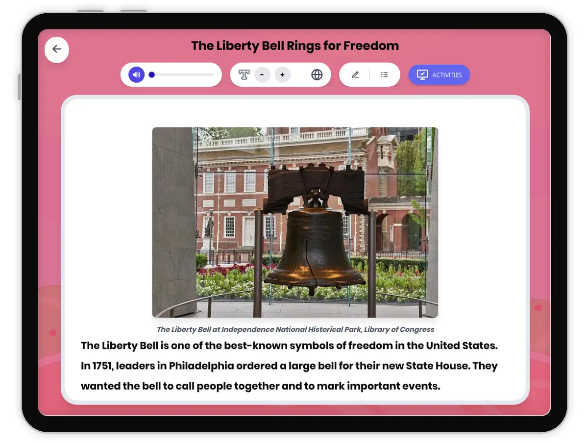Interactive — Reading Comprehension preview: The Liberty Bell Rings for Freedom covering D2.HIS.1-3.3-5, RI.4.1, RI.4.4, RI.4.5 standards - Page 1 of 1