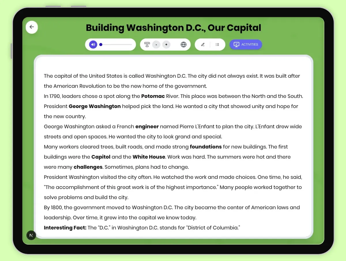 Interactive — Reading Comprehension preview: Building Washington D.C., Our Capital covering D2.HIS.1-3.3-5, D2.HIS.14.3-5, RI.4.3, RI.4.4, RI.4.7, W.4.2 standards - Page 1 of 1