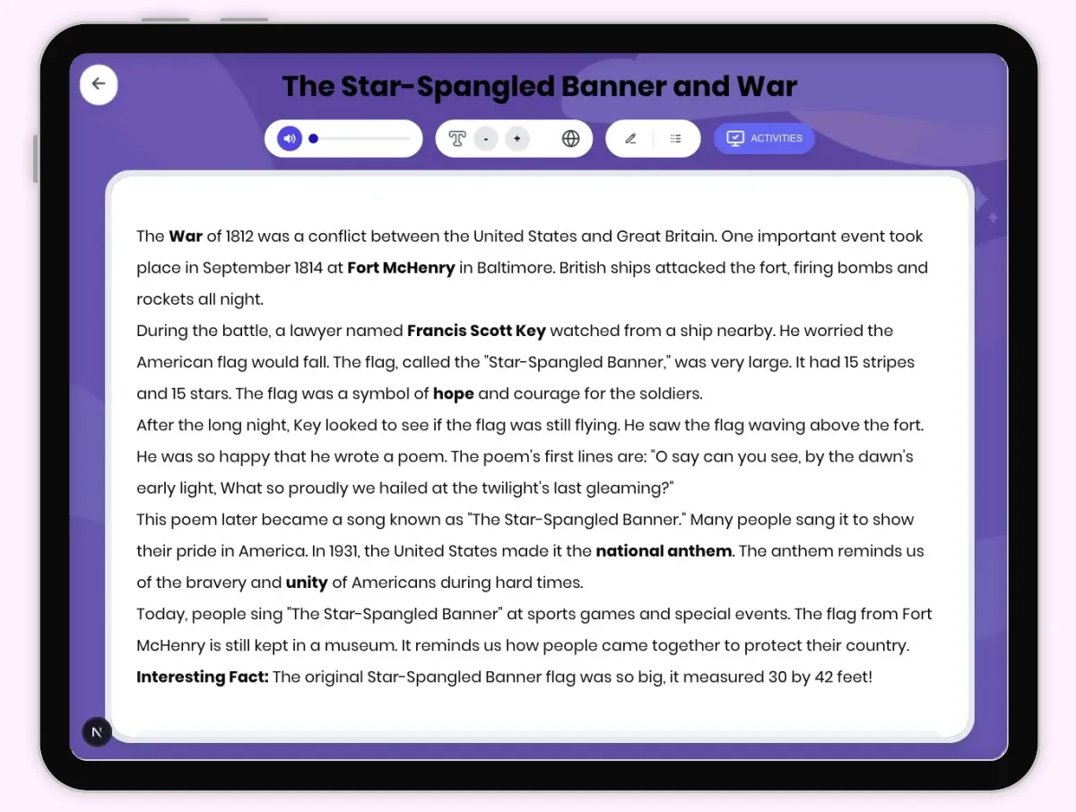Interactive — Reading Comprehension preview: The Star-Spangled Banner and War covering D2.HIS.1-4.3-5, RI.4.1, RI.4.3, RI.4.4 standards - Page 1 of 1