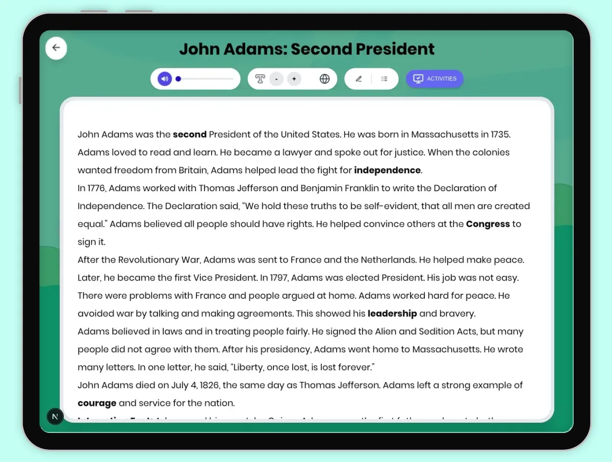 Interactive — Reading Comprehension preview: John Adams: Second President covering D2.HIS.2.3-5, D2.HIS.14.3-5, RI.4.3, RI.4.4 standards - Page 1 of 1