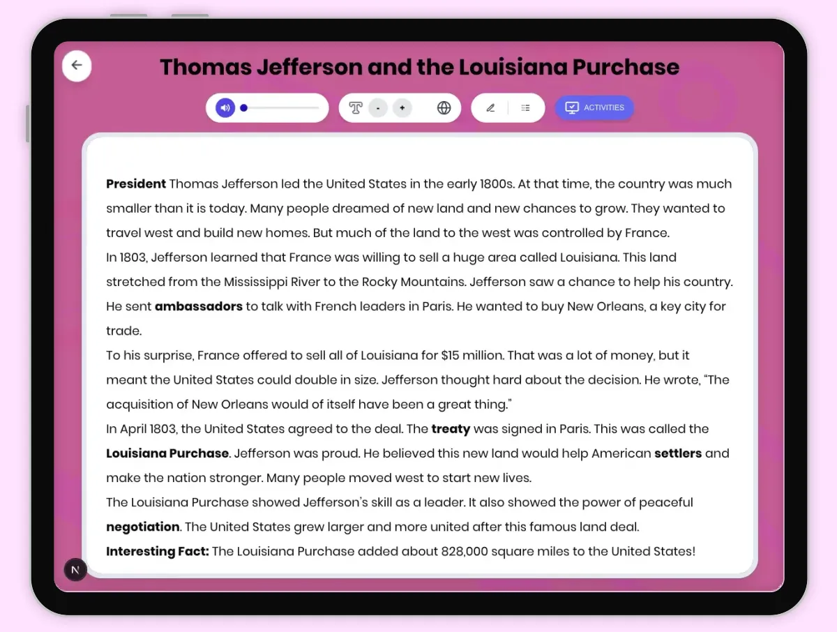 Interactive — Reading Comprehension preview: Thomas Jefferson and the Louisiana Purchase covering D2.HIS.1-4.3-5, RI.4.3, RI.5.3 standards - Page 1 of 1