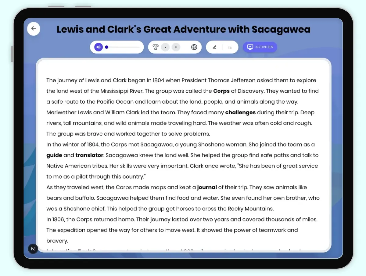 Interactive — Reading Comprehension preview: Lewis and Clark's Great Adventure with Sacagawea covering D2.HIS.1.3-5, D2.HIS.2.3-5, D2.HIS.14.3-5, RI.4.1, RI.4.3, RI.4.4, W.4.2 standards - Page 1 of 1