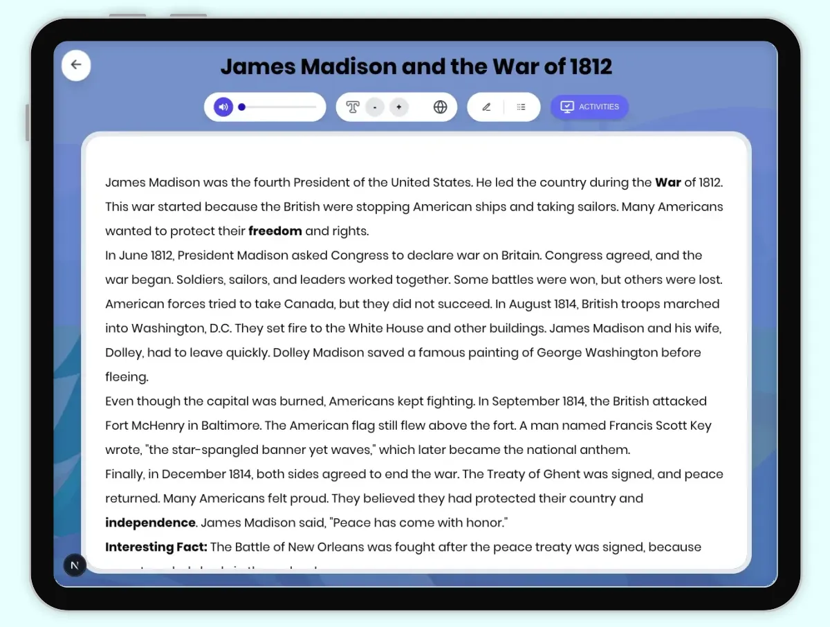 Interactive — Reading Comprehension preview: James Madison and the War of 1812 covering D2.HIS.1-4.3-5, RI.4.1, RI.4.3, RI.4.4 standards - Page 1 of 1