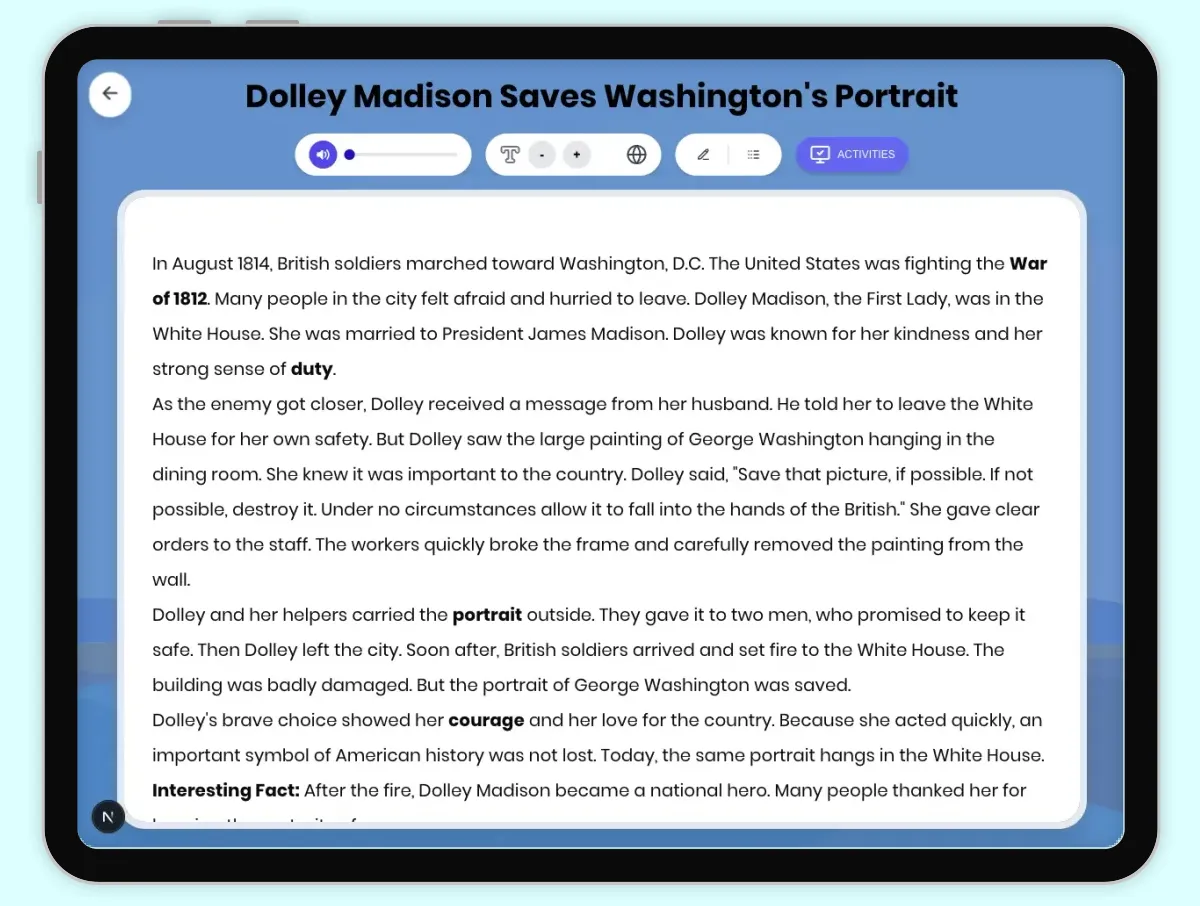 Interactive — Reading Comprehension preview: Dolley Madison Saves Washington's Portrait covering D2.HIS.2.3-5, D2.HIS.14.3-5, RI.4.3, RI.4.4 standards - Page 1 of 1