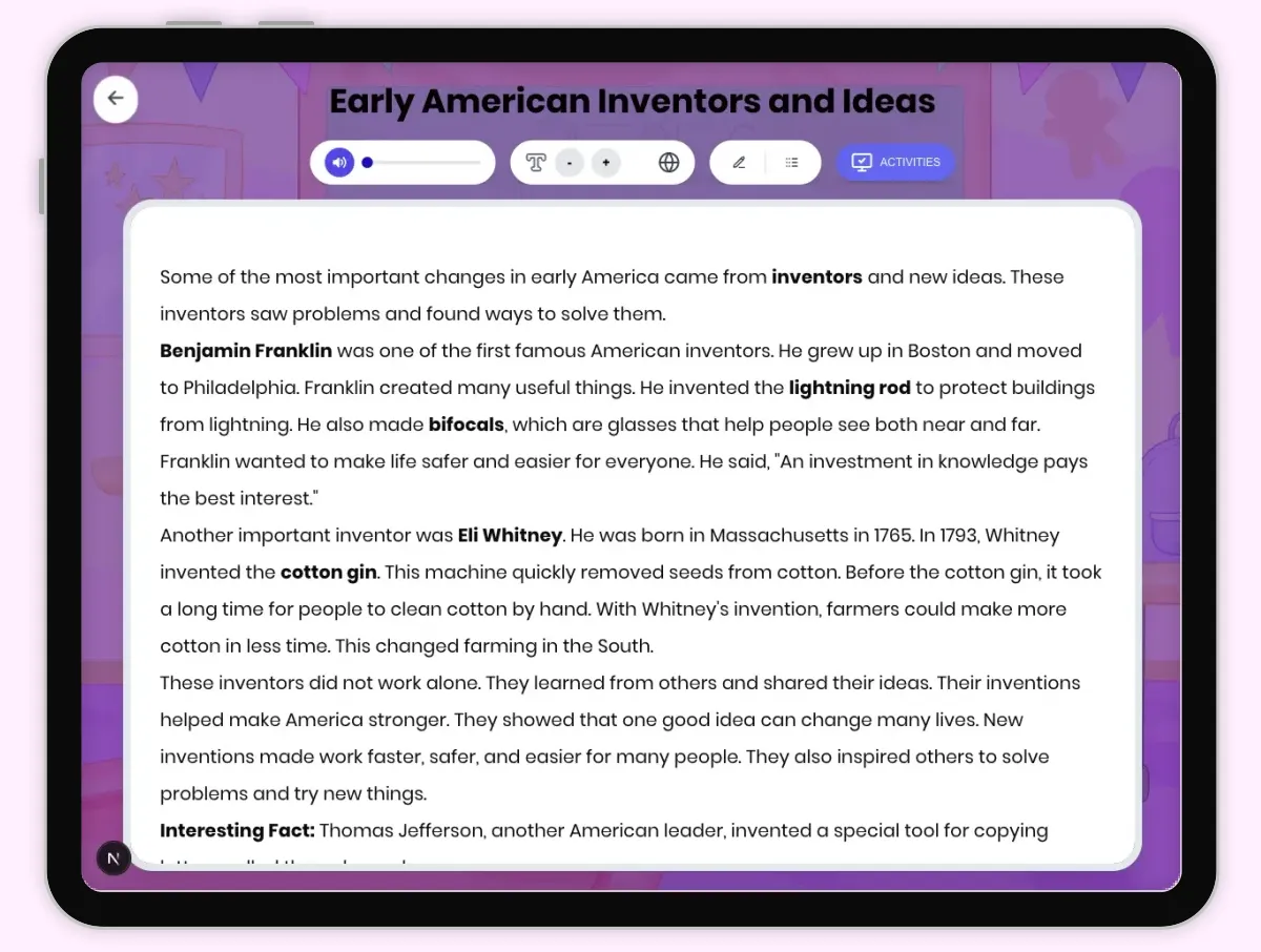 Interactive — Reading Comprehension preview: Early American Inventors and Ideas covering D2.HIS.1.3-5, D2.HIS.2.3-5, RI.4.3, RI.4.4, RI.4.10 standards - Page 1 of 1