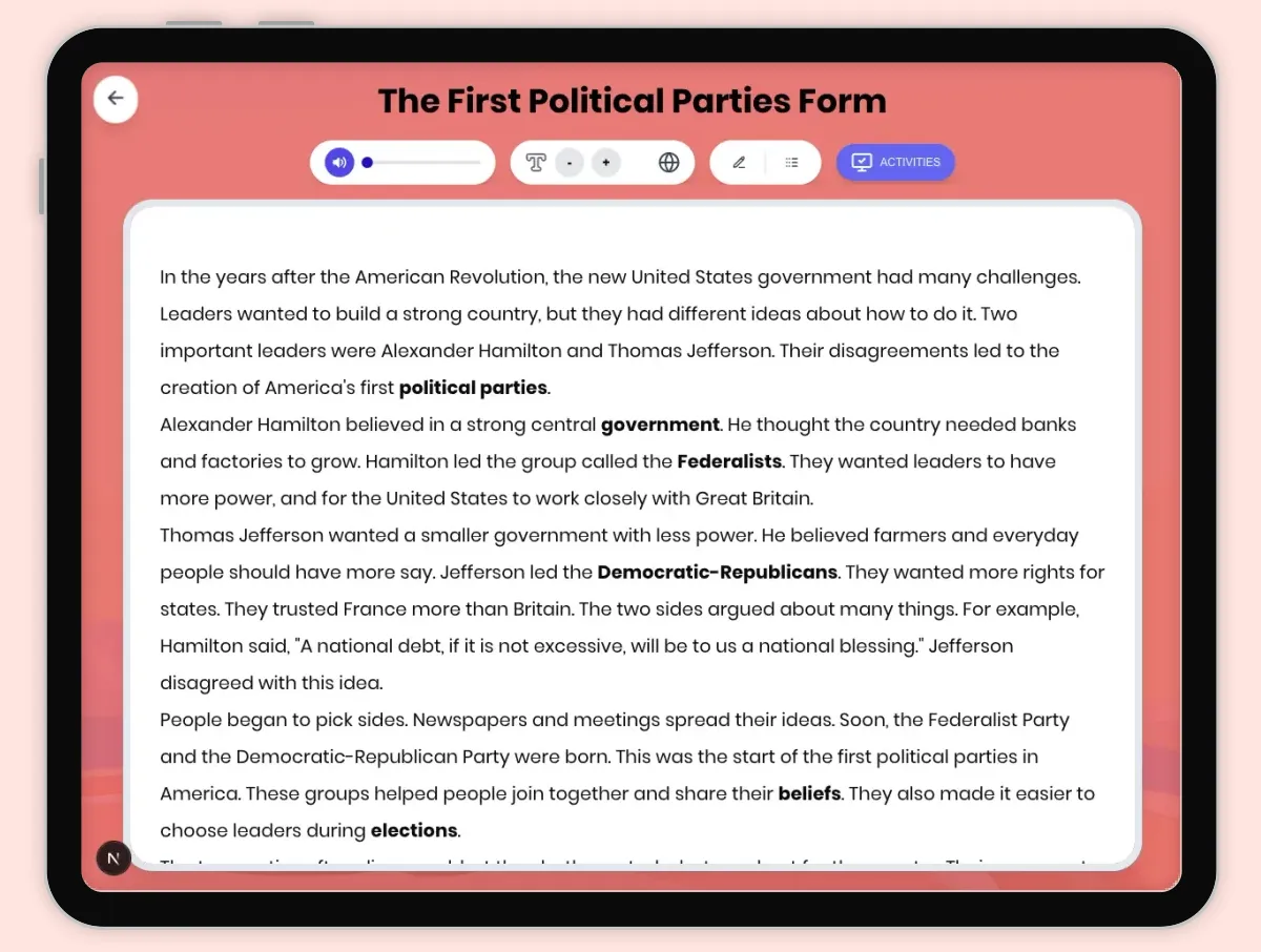 Interactive — Reading Comprehension preview: The First Political Parties Form covering D2.HIS.1-4.3-5, RI.4.3, RI.4.4 standards - Page 1 of 1
