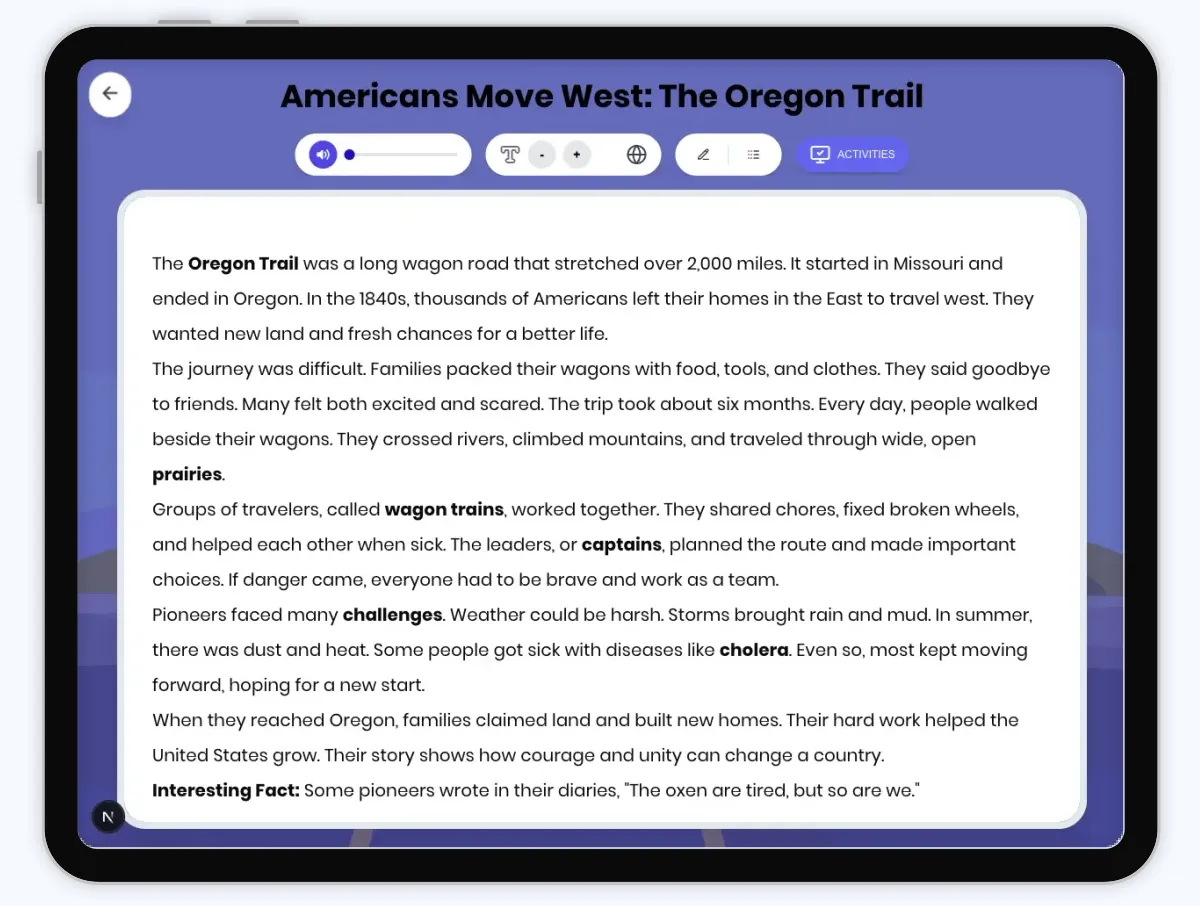 Interactive — Reading Comprehension preview: Americans Move West: The Oregon Trail covering D2.HIS.1-4.3-5, RI.4.3, RI.4.4, RI.5.3, RI.5.4 standards - Page 1 of 1