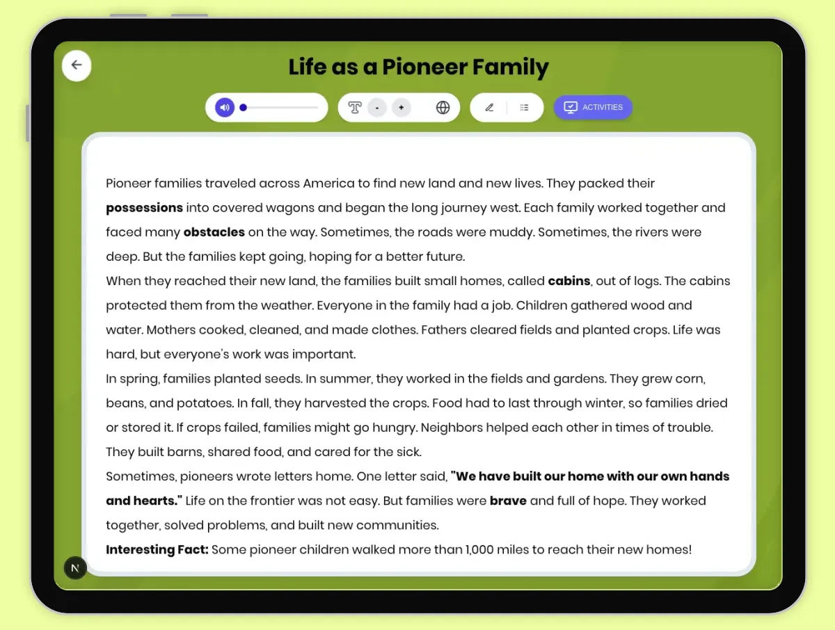 Interactive — Reading Comprehension preview: Life as a Pioneer Family covering D2.HIS.2.3-5, D2.HIS.3.3-5, RI.4.3, RI.4.4, RI.5.3 standards - Page 1 of 1