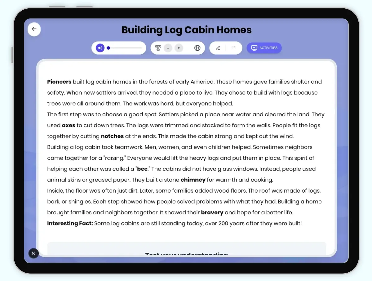 Interactive — Reading Comprehension preview: Building Log Cabin Homes covering D2.HIS.2.3-5, D2.HIS.3.3-5, RI.4.3, RI.4.4, RI.5.3, RI.5.4 standards - Page 1 of 1
