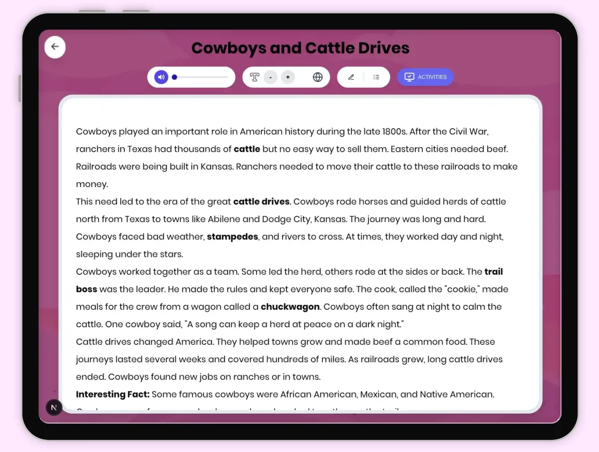 Interactive — Reading Comprehension preview: Cowboys and Cattle Drives covering D2.HIS.1-4.3-5, RI.4.3, RI.4.4, RI.5.3, RI.5.4 standards - Page 1 of 1