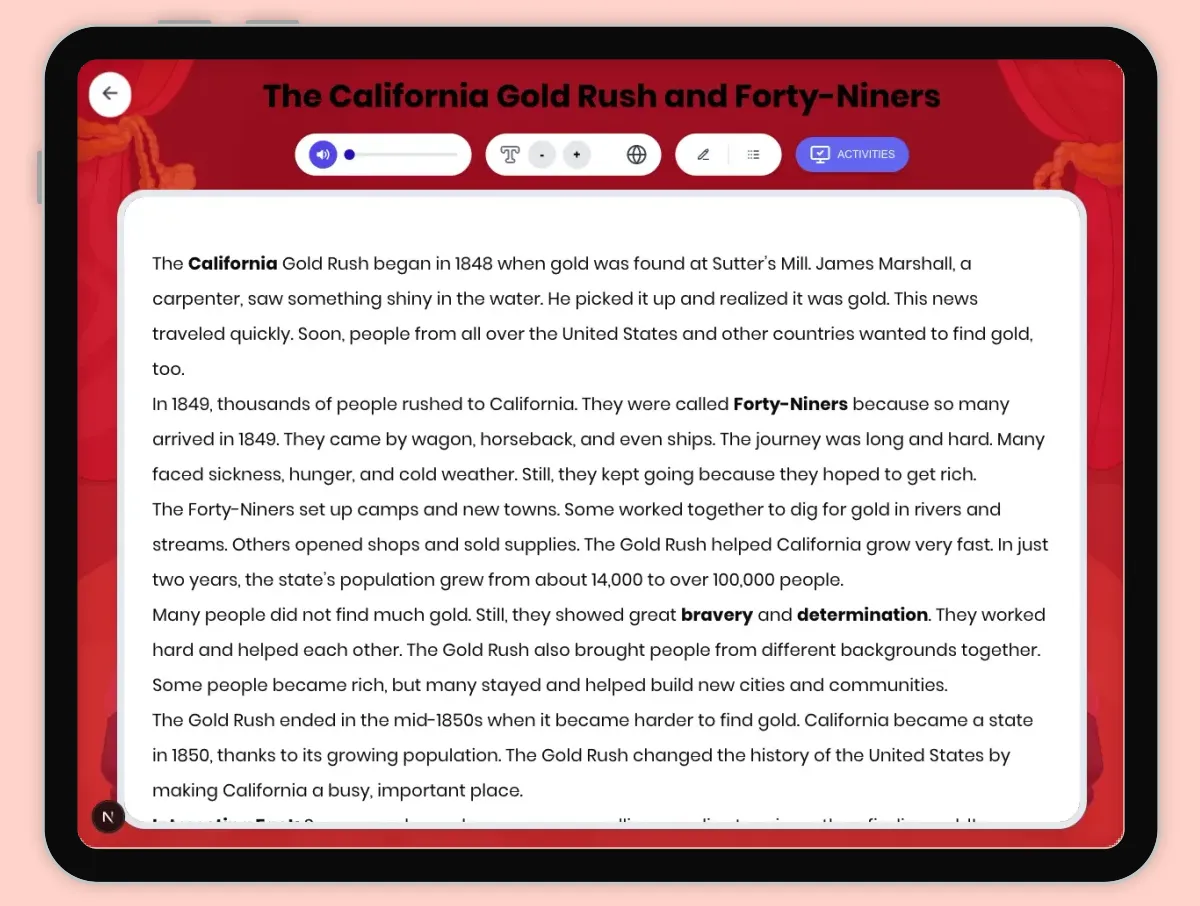 Interactive — Reading Comprehension preview: The California Gold Rush and Forty-Niners covering D2.HIS.1-4.3-5, RI.4.1, RI.4.3, RI.4.4, W.4.2 standards - Page 1 of 1