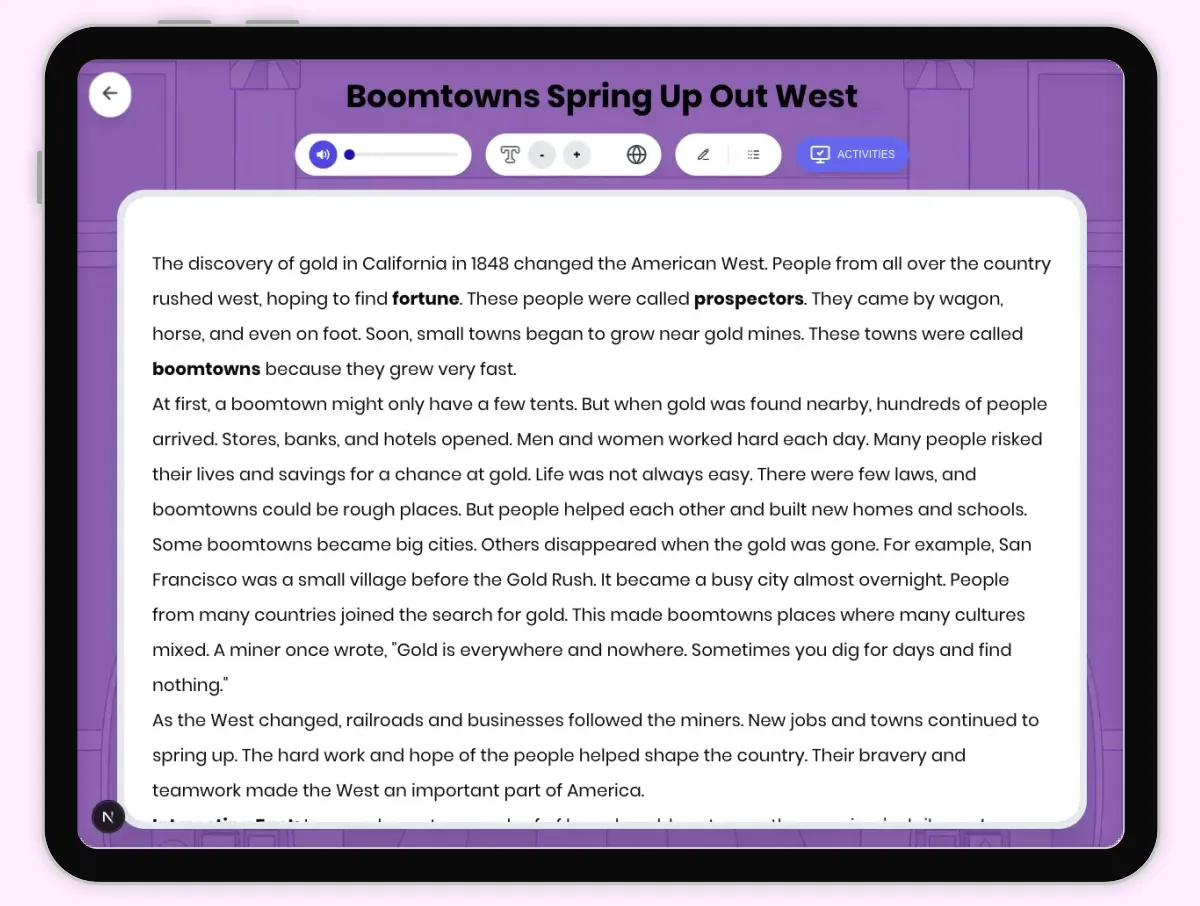 Interactive — Reading Comprehension preview: Boomtowns Spring Up Out West covering D2.HIS.2.3-5, D2.HIS.14.3-5, RI.4.3, RI.4.4, RI.4.10 standards - Page 1 of 1