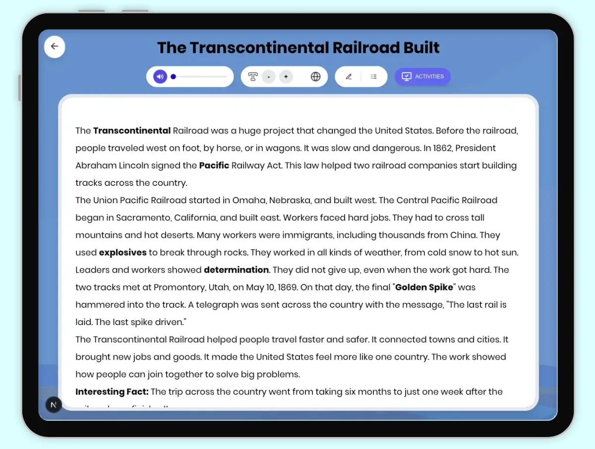 Interactive — Reading Comprehension preview: The Transcontinental Railroad Built covering D2.HIS.1-4.3-5, D2.GEO.1-3.3-5, RI.4.1, RI.4.3, RI.4.4, W.4.2, W.4.7 standards - Page 1 of 1
