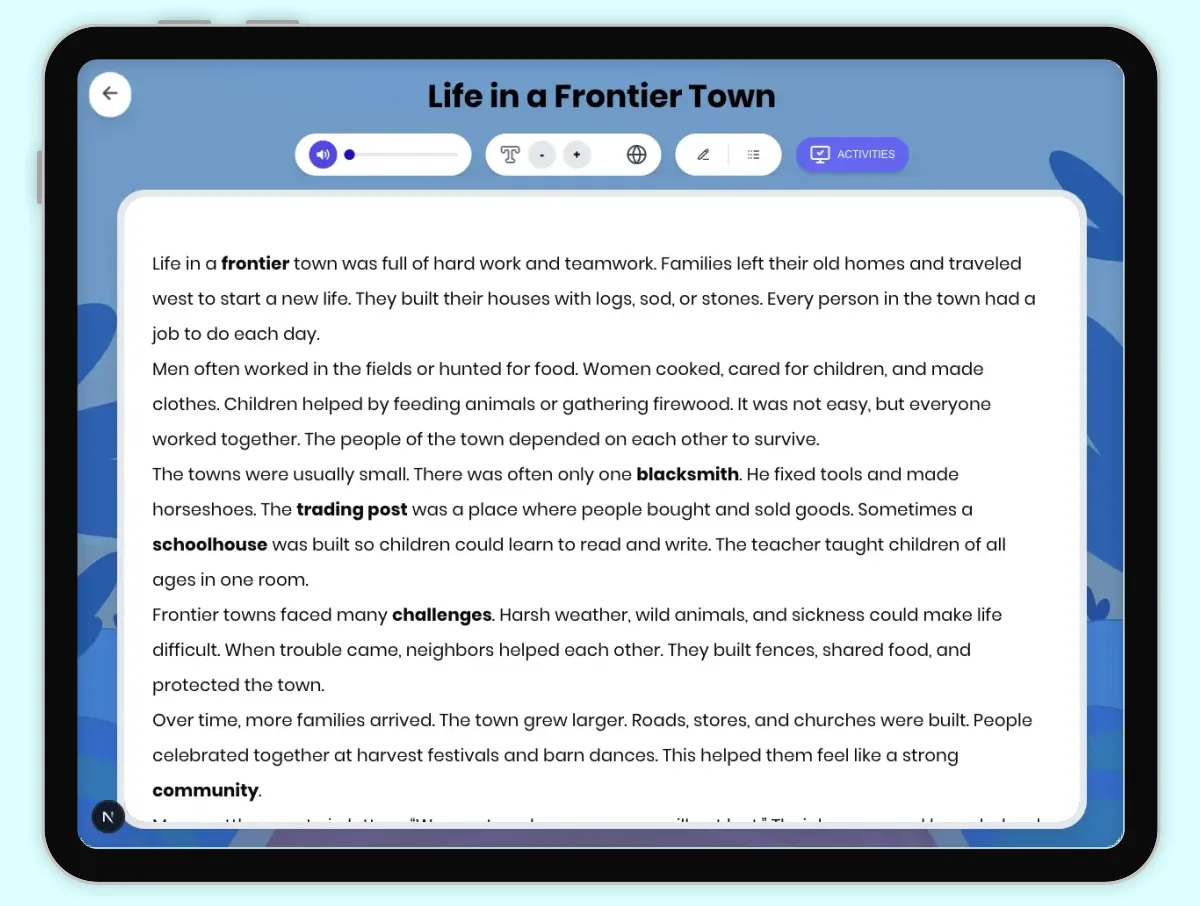 Interactive — Reading Comprehension preview: Life in a Frontier Town covering D2.HIS.1-4.3-5, RI.4.3, RI.4.4, W.4.2 standards - Page 1 of 1