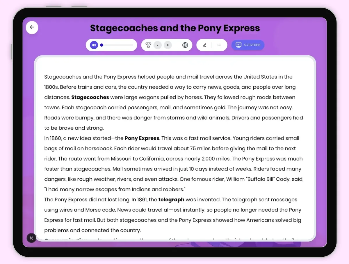 Interactive — Reading Comprehension preview: Stagecoaches and the Pony Express covering D2.HIS.1-6.3-5, RI.4.3, RI.4.4, RI.4.10 standards - Page 1 of 1