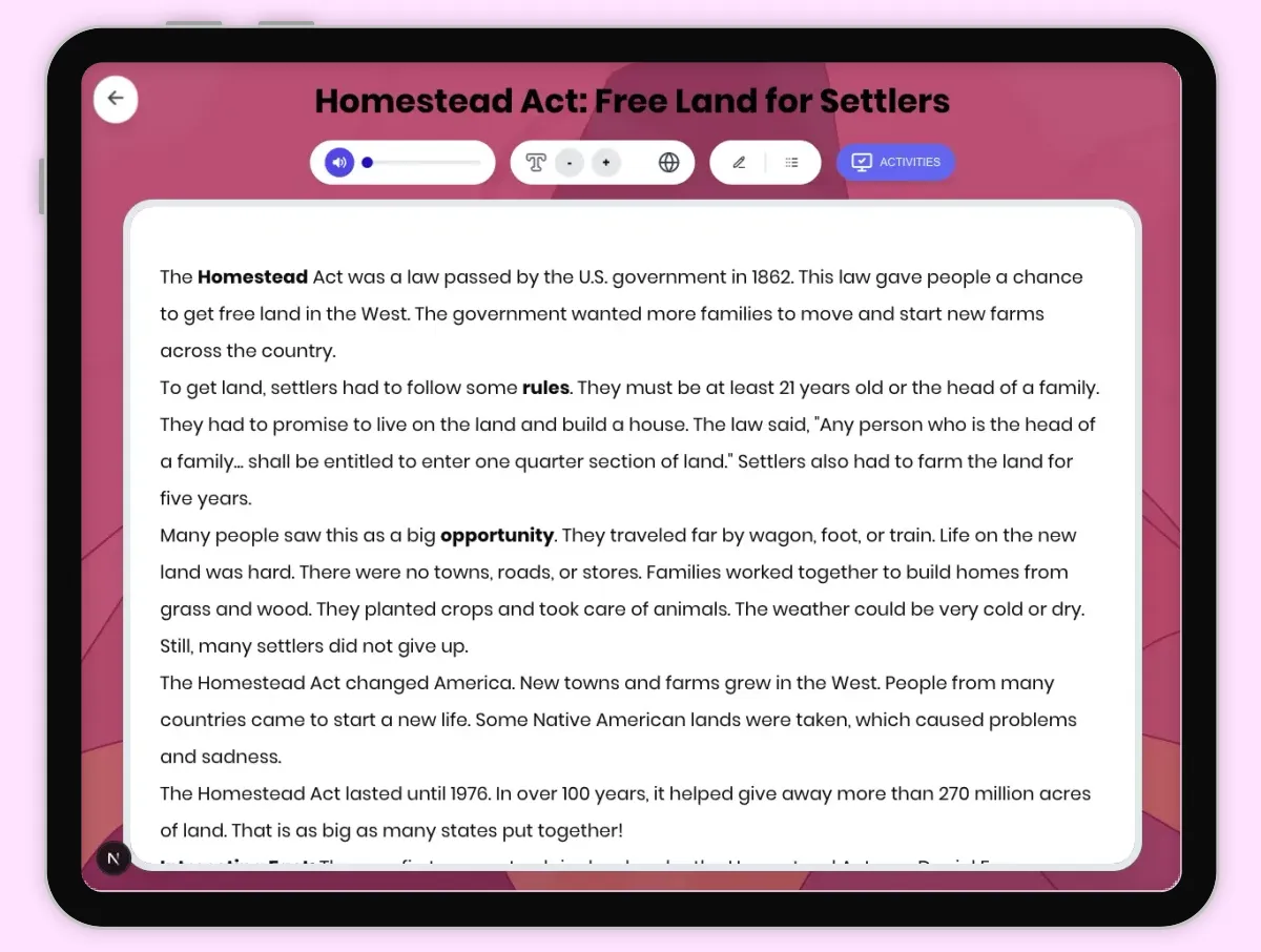 Interactive — Reading Comprehension preview: Homestead Act: Free Land for Settlers covering D2.HIS.1-4.3-5, RI.4.3, RI.4.4 standards - Page 1 of 1