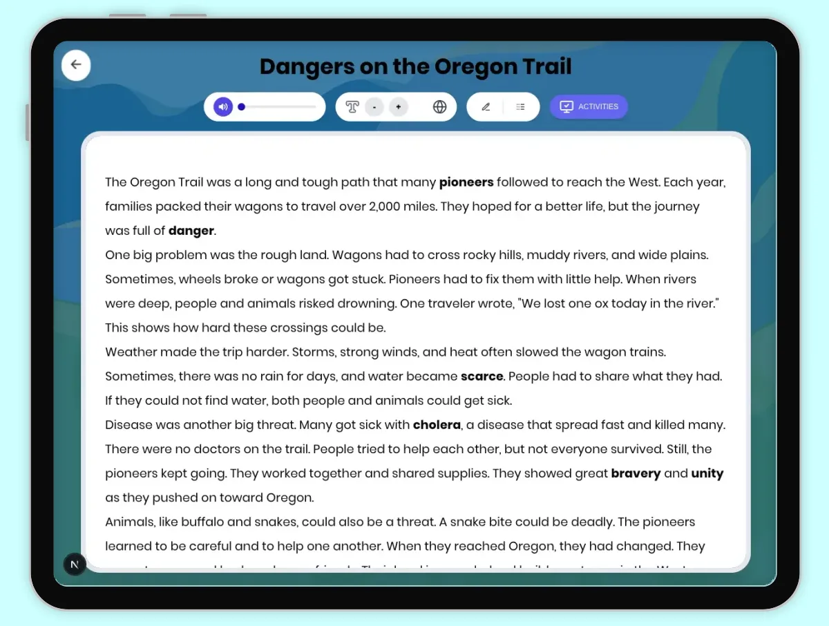 Interactive — Reading Comprehension preview: Dangers on the Oregon Trail covering D2.HIS.1-4.3-5, RI.4.1, RI.4.3, RI.4.4, W.4.2 standards - Page 1 of 1