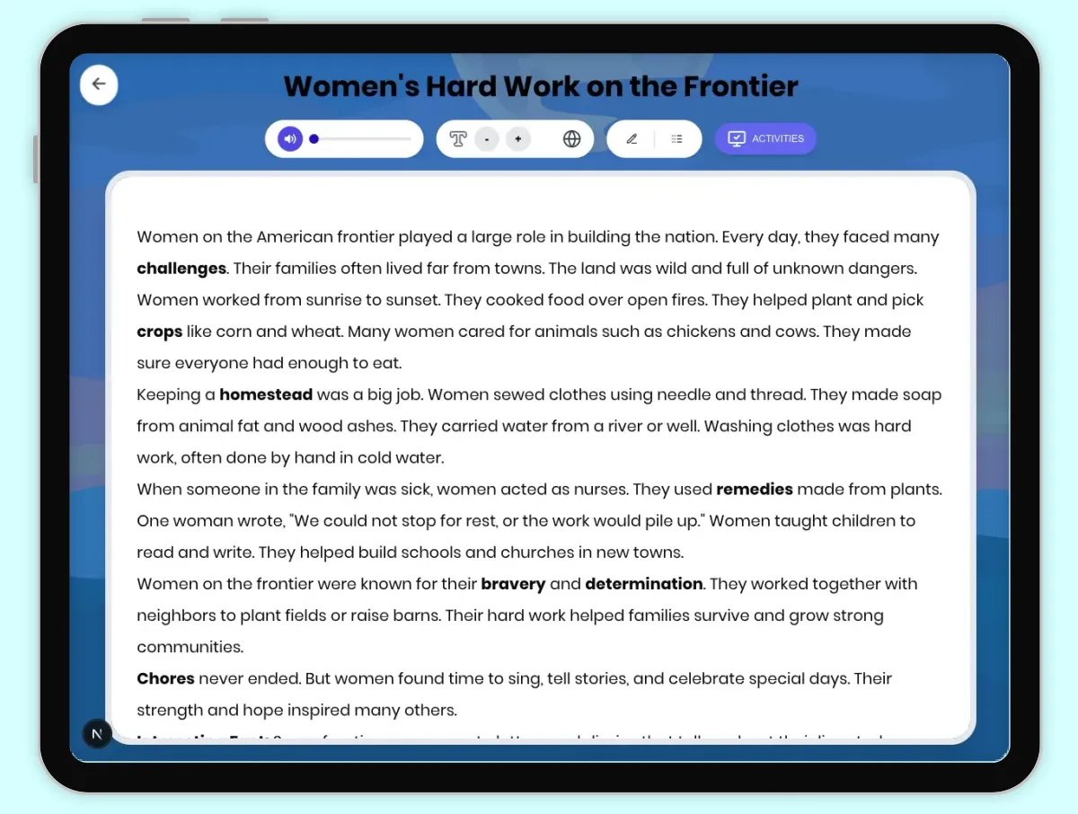 Interactive — Reading Comprehension preview: Women's Hard Work on the Frontier covering D2.HIS.2.3-5, D2.HIS.3.3-5, RI.4.1, RI.4.3 standards - Page 1 of 1