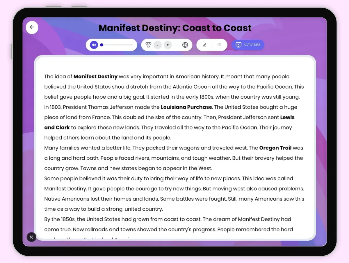 Interactive — Reading Comprehension preview: Manifest Destiny: Coast to Coast covering D2.HIS.1.3-5, D2.HIS.2.3-5, RI.4.3, RI.4.4, W.4.2 standards - Page 1 of 1