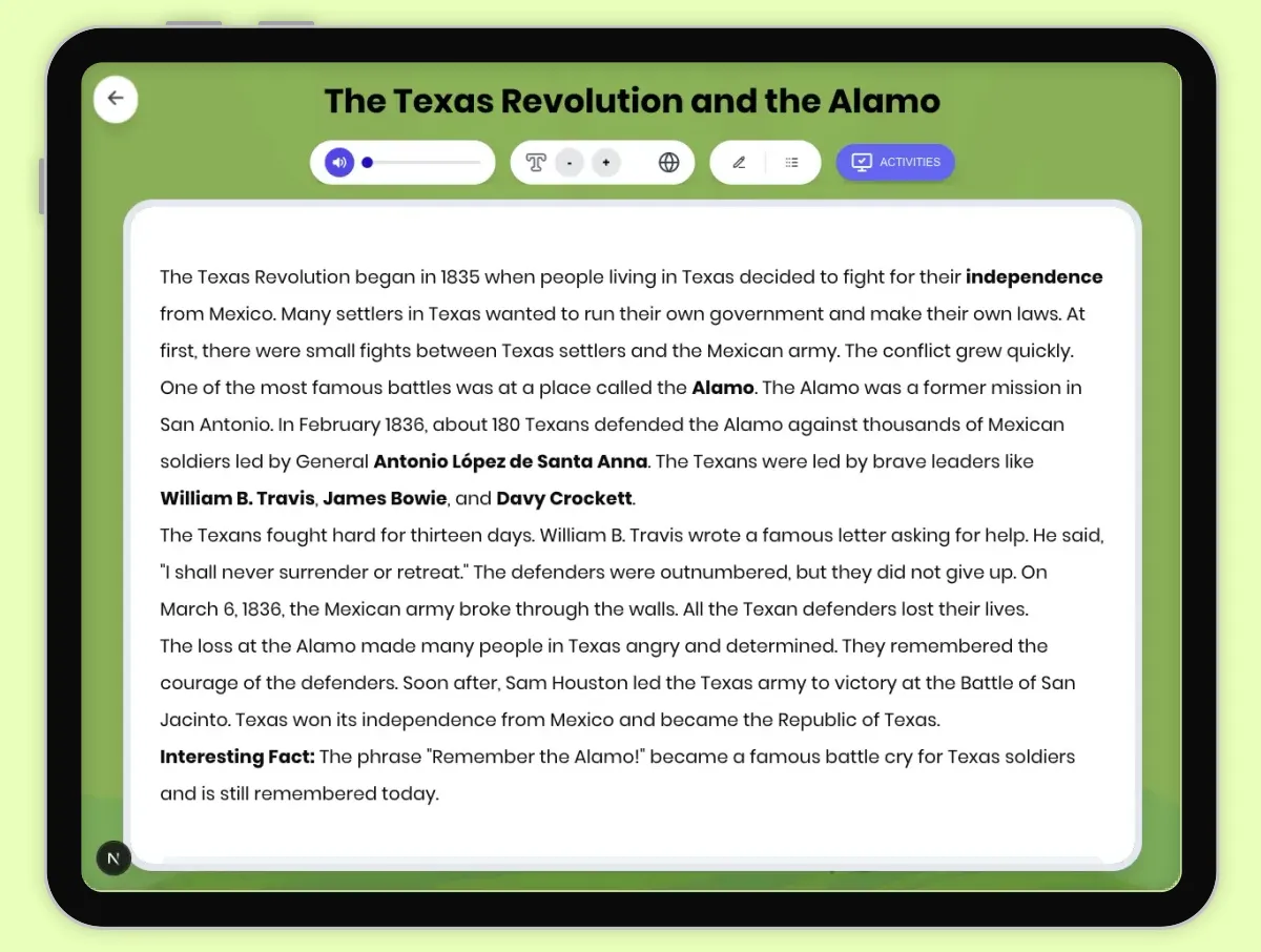 Interactive — Reading Comprehension preview: The Texas Revolution and the Alamo covering D2.HIS.1-6.3-5, RI.4.1, RI.4.3, W.4.2 standards - Page 1 of 1