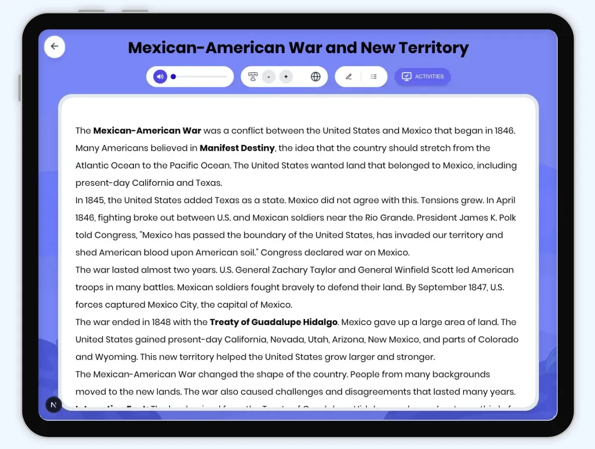 Interactive — Reading Comprehension preview: Mexican-American War and New Territory covering D2.HIS.1.3-5, D2.HIS.2.3-5, D2.HIS.16.3-5, RI.4.1, RI.4.3, RI.4.4 standards - Page 1 of 1