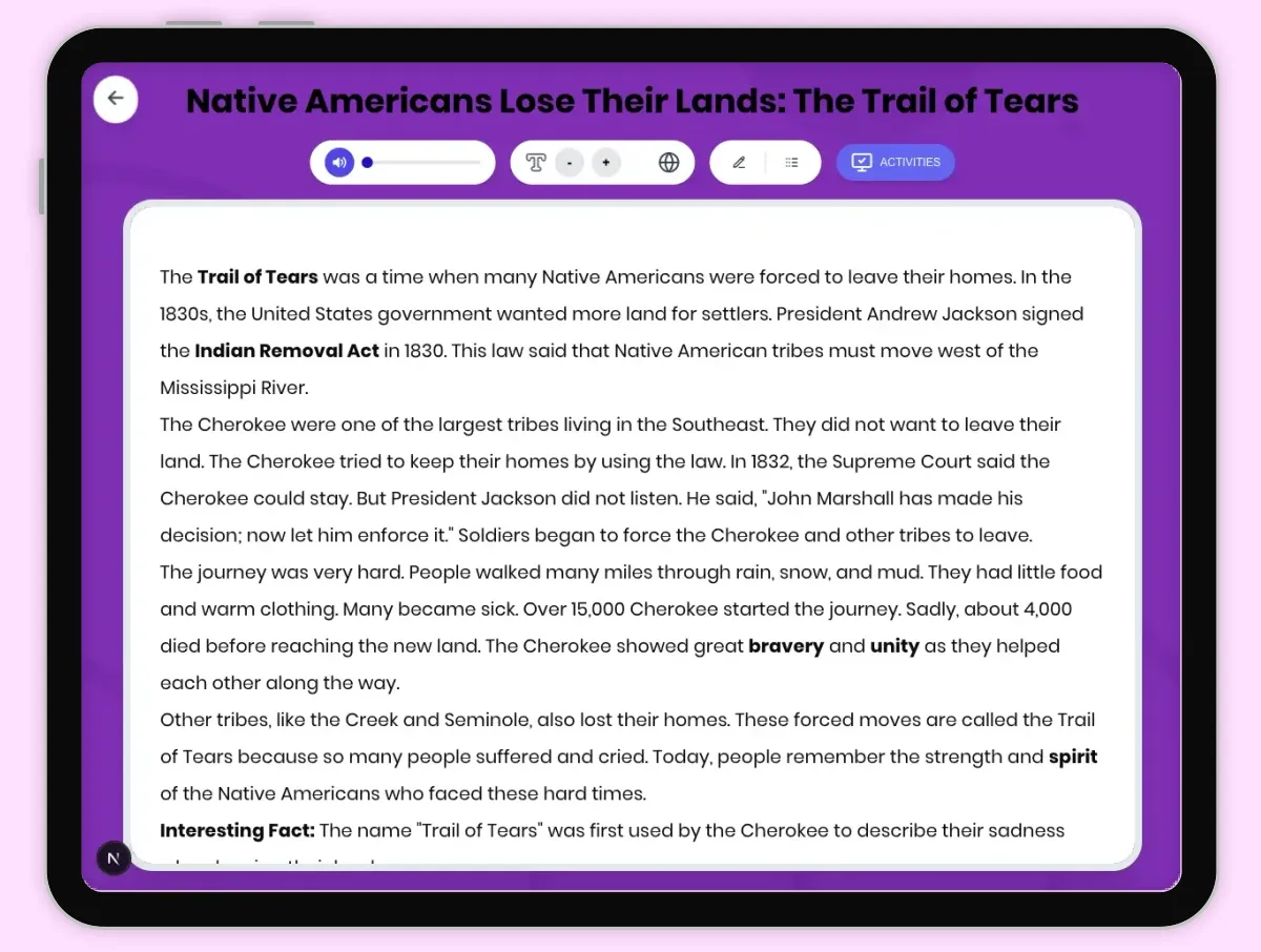 Interactive — Reading Comprehension preview: Native Americans Lose Their Lands: The Trail of Tears covering D2.HIS.1-4.3-5, RI.4.3, RI.4.4, RI.4.7, RI.5.3, RI.5.4 standards - Page 1 of 1