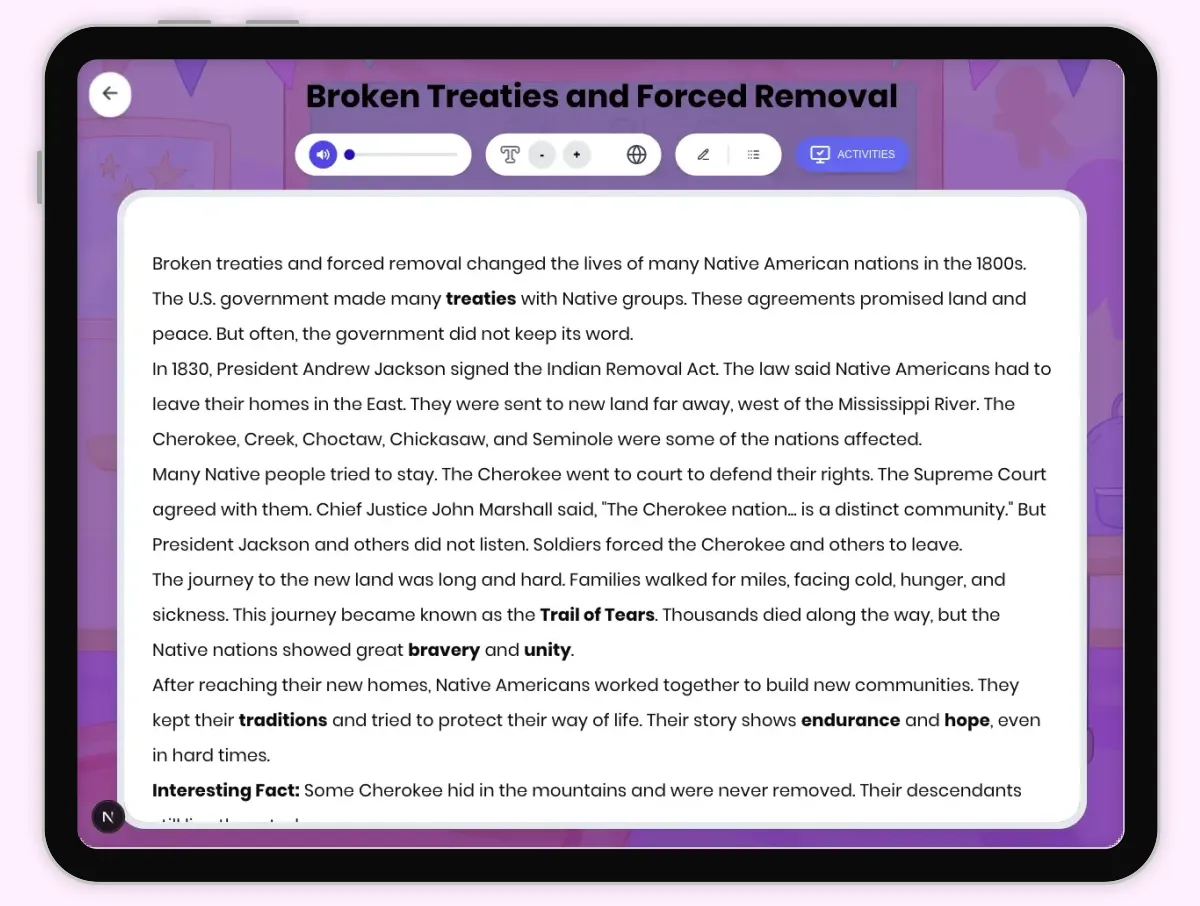 Interactive — Reading Comprehension preview: Broken Treaties and Forced Removal covering D2.HIS.1-3.3-5, D2.HIS.14.3-5, RI.4.3, RI.4.4, W.4.2 standards - Page 1 of 1