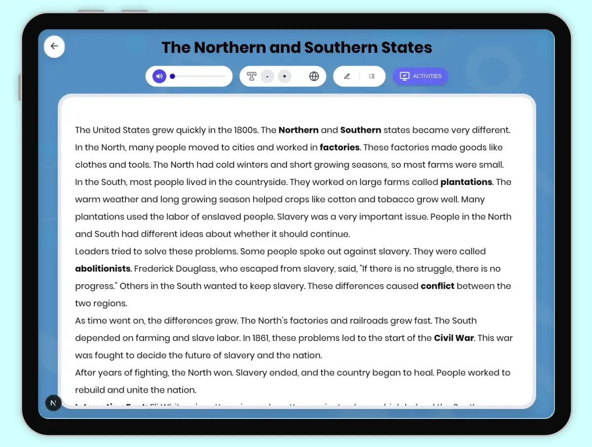 Interactive — Reading Comprehension preview: The Northern and Southern States covering D2.HIS.1-4.3-5RI.4.1, RI.4.2, RI.4.4, W.4.2 standards - Page 1 of 1