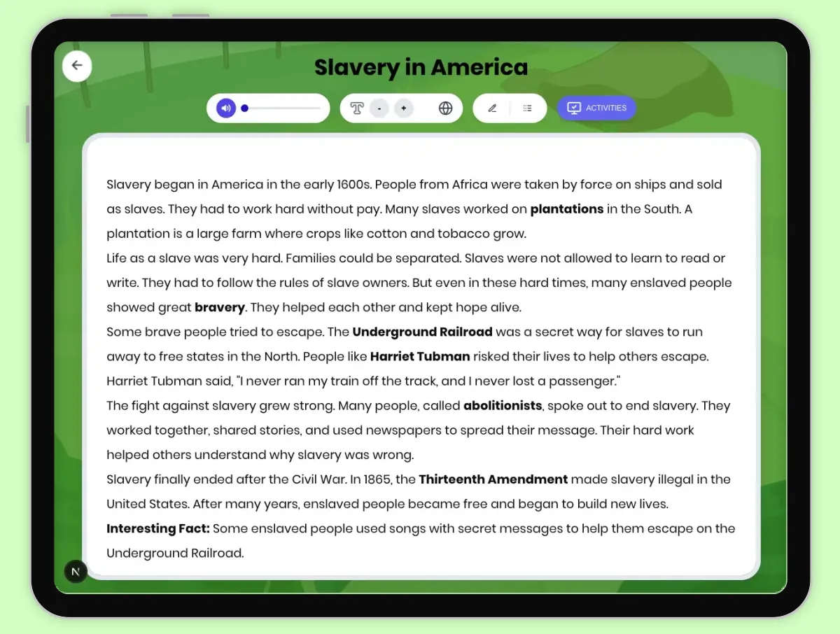 Interactive — Reading Comprehension preview: Slavery in America covering D2.HIS.1-6.3-5RI.4.1, RI.4.3, RI.4.4, W.4.2 standards - Page 1 of 1