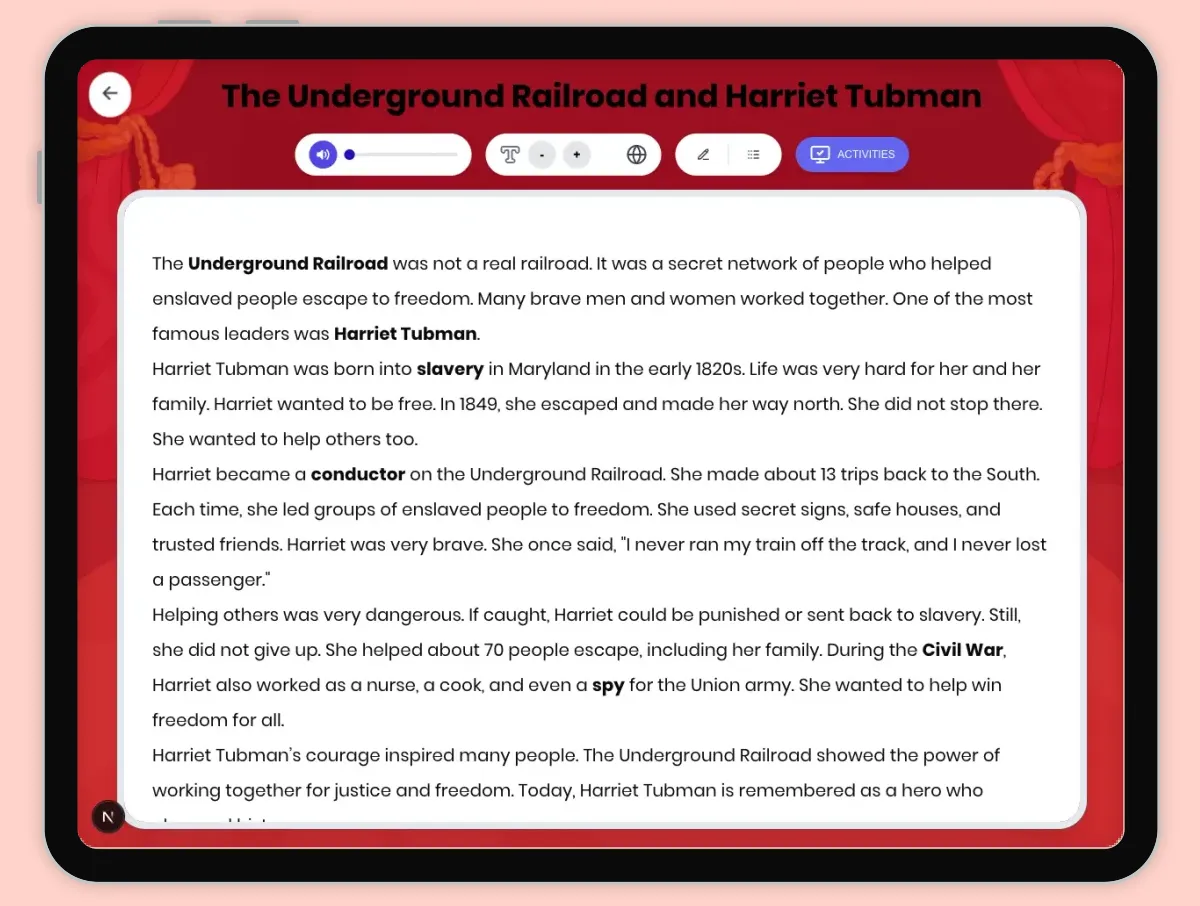 Interactive — Reading Comprehension preview: The Underground Railroad and Harriet Tubman covering D2.HIS.2.3-5, RI.4.1, RI.4.3, RI.4.4 standards - Page 1 of 1
