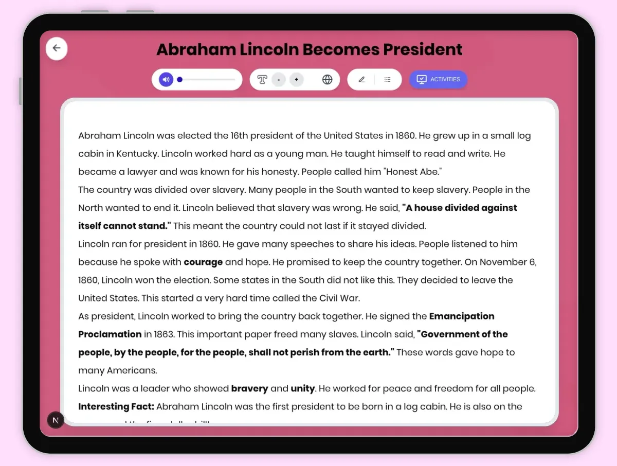 Interactive — Reading Comprehension preview: Abraham Lincoln Becomes President covering D2.HIS.1.3-5, D2.HIS.2.3-5, RI.4.3, RI.4.4 standards - Page 1 of 1