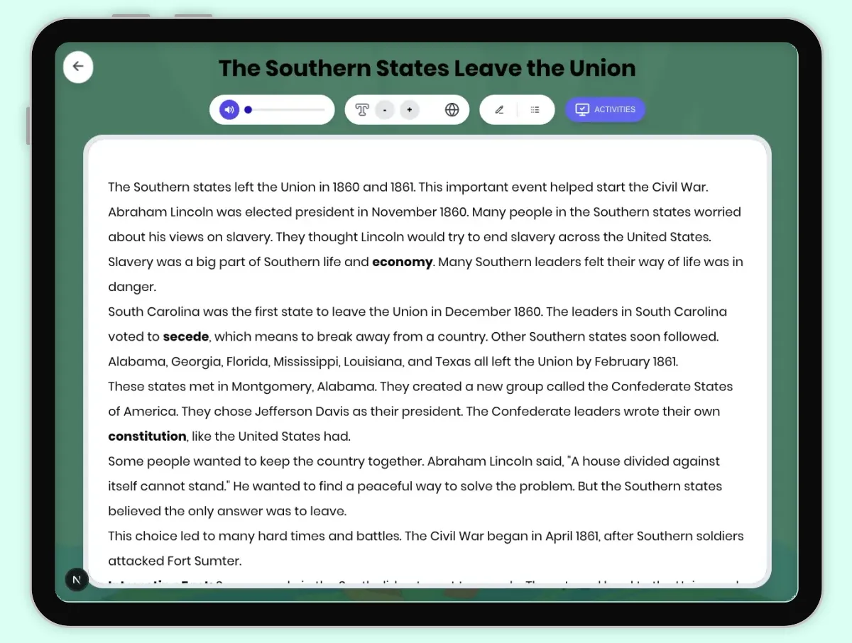 Interactive — Reading Comprehension preview: The Southern States Leave the Union covering D2.HIS.1.3-5, D2.HIS.2.3-5, RI.4.3, RI.4.4 standards - Page 1 of 1