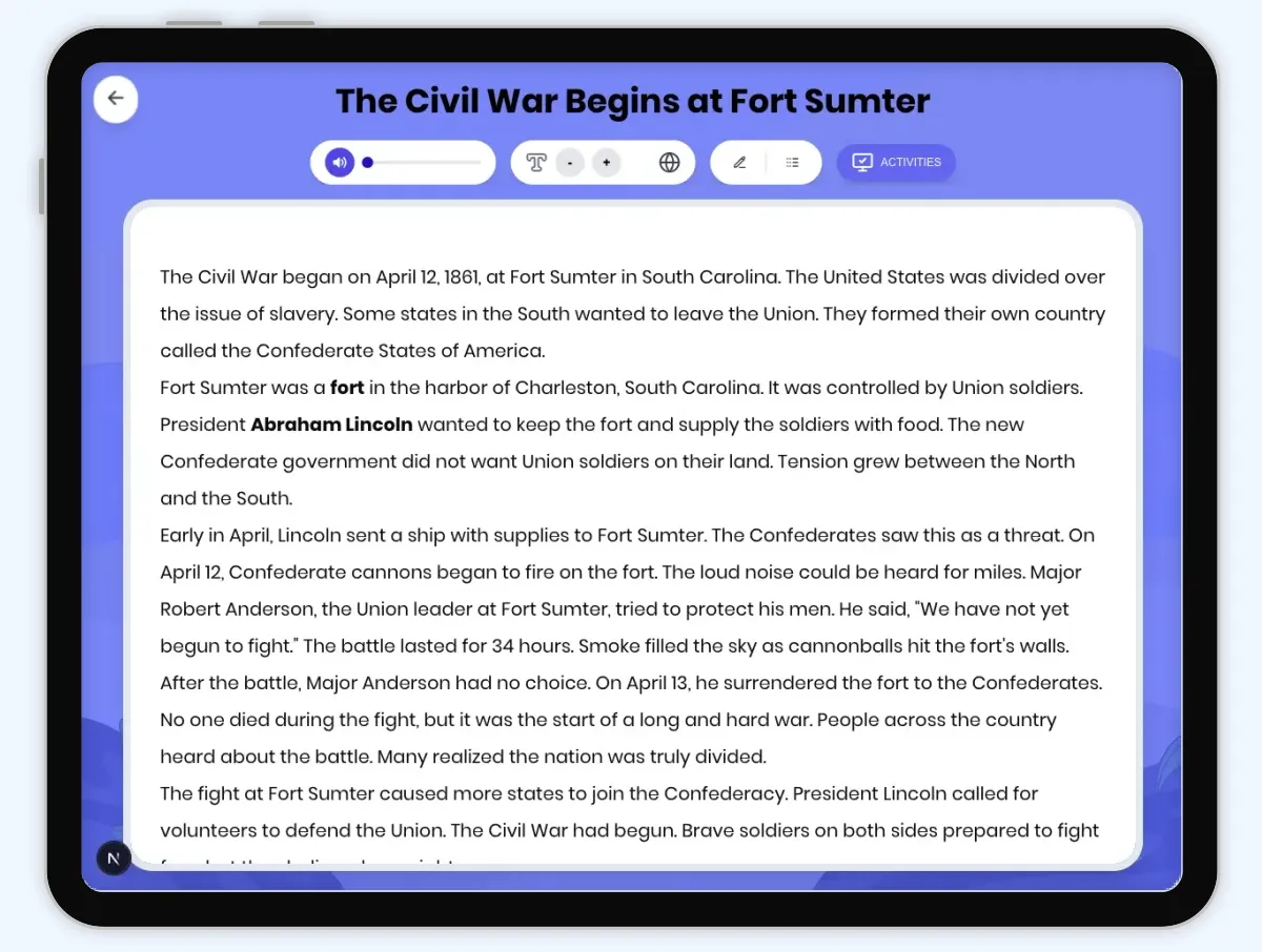Interactive — Reading Comprehension preview: The Civil War Begins at Fort Sumter covering D2.HIS.1-4.3-5RI.4.1, RI.4.3, RI.4.4 standards - Page 1 of 1