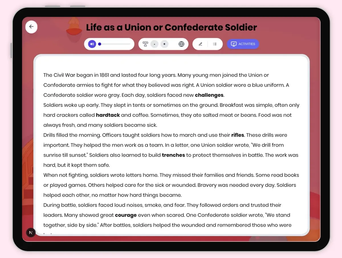 Interactive — Reading Comprehension preview: Life as a Union or Confederate Soldier covering D2.HIS.1-5.3-5, RI.4.3, RI.4.4, RI.4.10 standards - Page 1 of 1