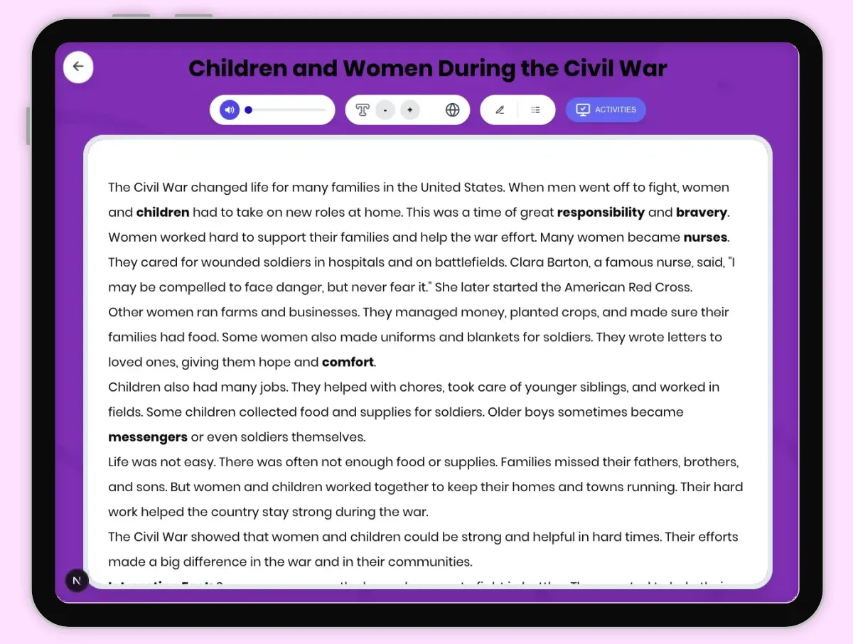 Interactive — Reading Comprehension preview: Children and Women During the Civil War covering D2.HIS.2.3-5, D2.HIS.3.3-5, D2.HIS.16.3-5, RI.4.1, RI.4.3, RI.4.4, W.4.2 standards - Page 1 of 1