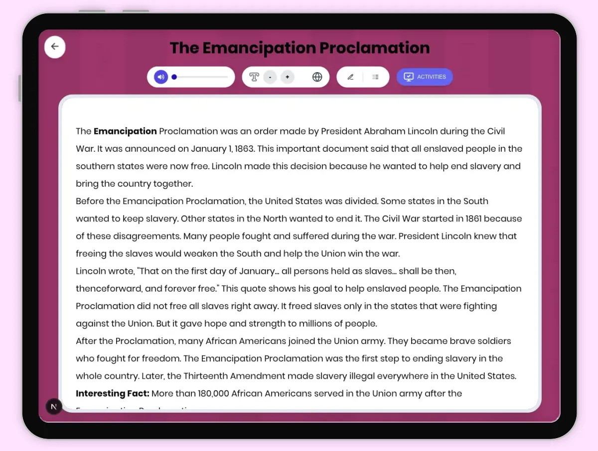 Interactive — Reading Comprehension preview: The Emancipation Proclamation covering D2.HIS.1-6.3-5, RI.4.3, RI.5.3 standards - Page 1 of 1