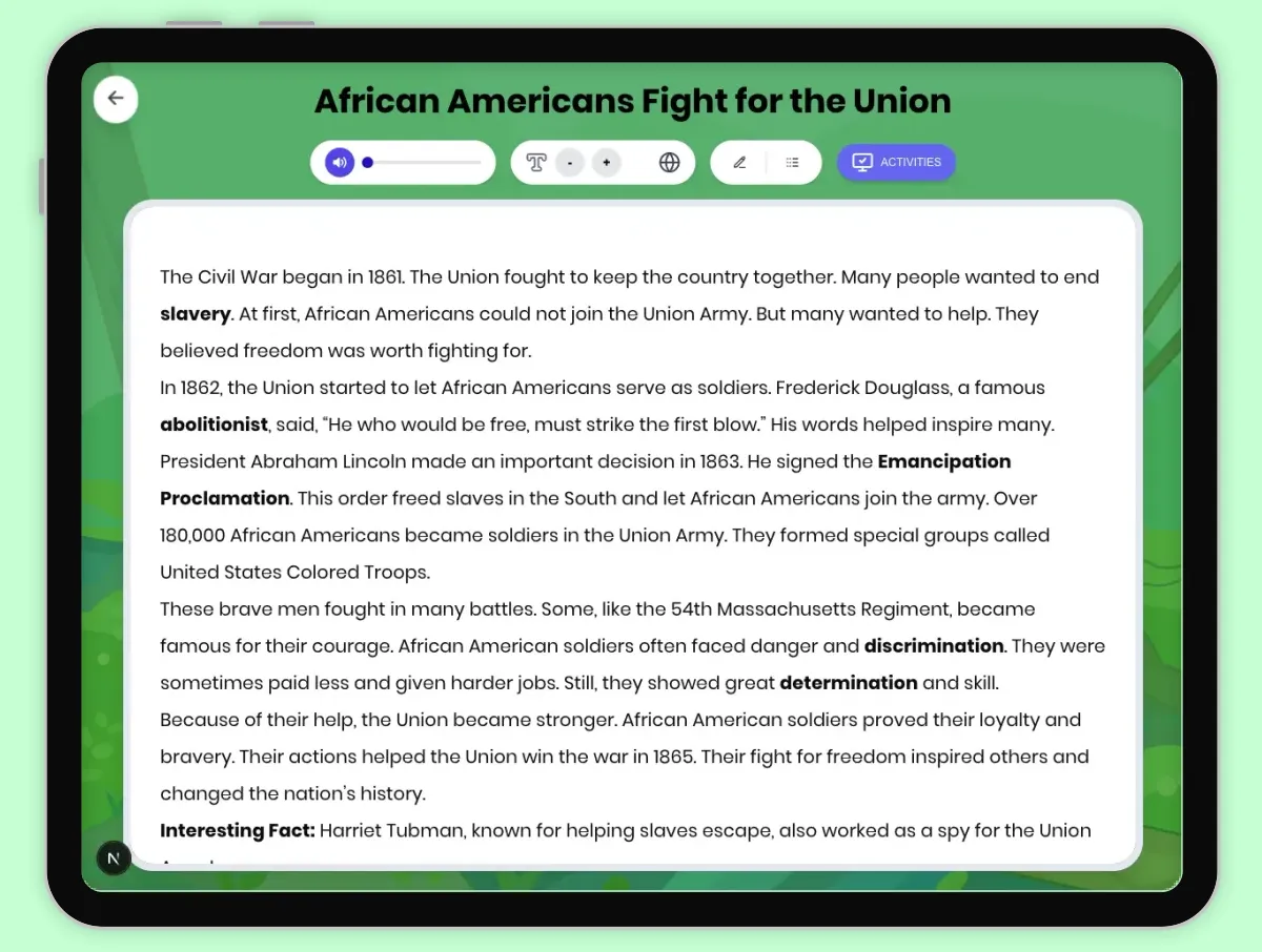 Interactive — Reading Comprehension preview: African Americans Fight for the Union covering D2.HIS.2.3-5, D2.HIS.14.3-5, RI.4.3, RI.4.4, RI.4.10, W.4.2 standards - Page 1 of 1