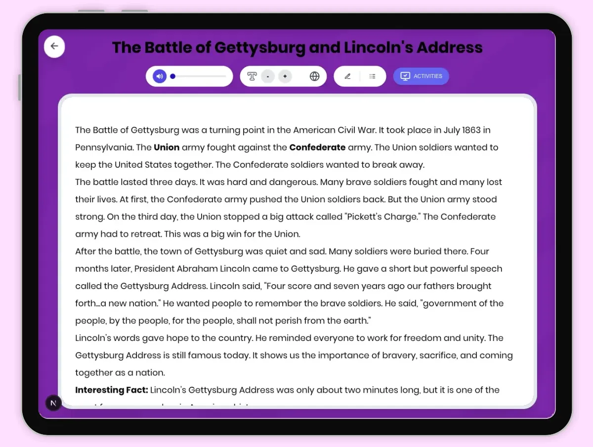 Interactive — Reading Comprehension preview: The Battle of Gettysburg and Lincoln's Address covering D2.HIS.1-3.3-5, RI.4.3, RI.4.4, W.4.2 standards - Page 1 of 1