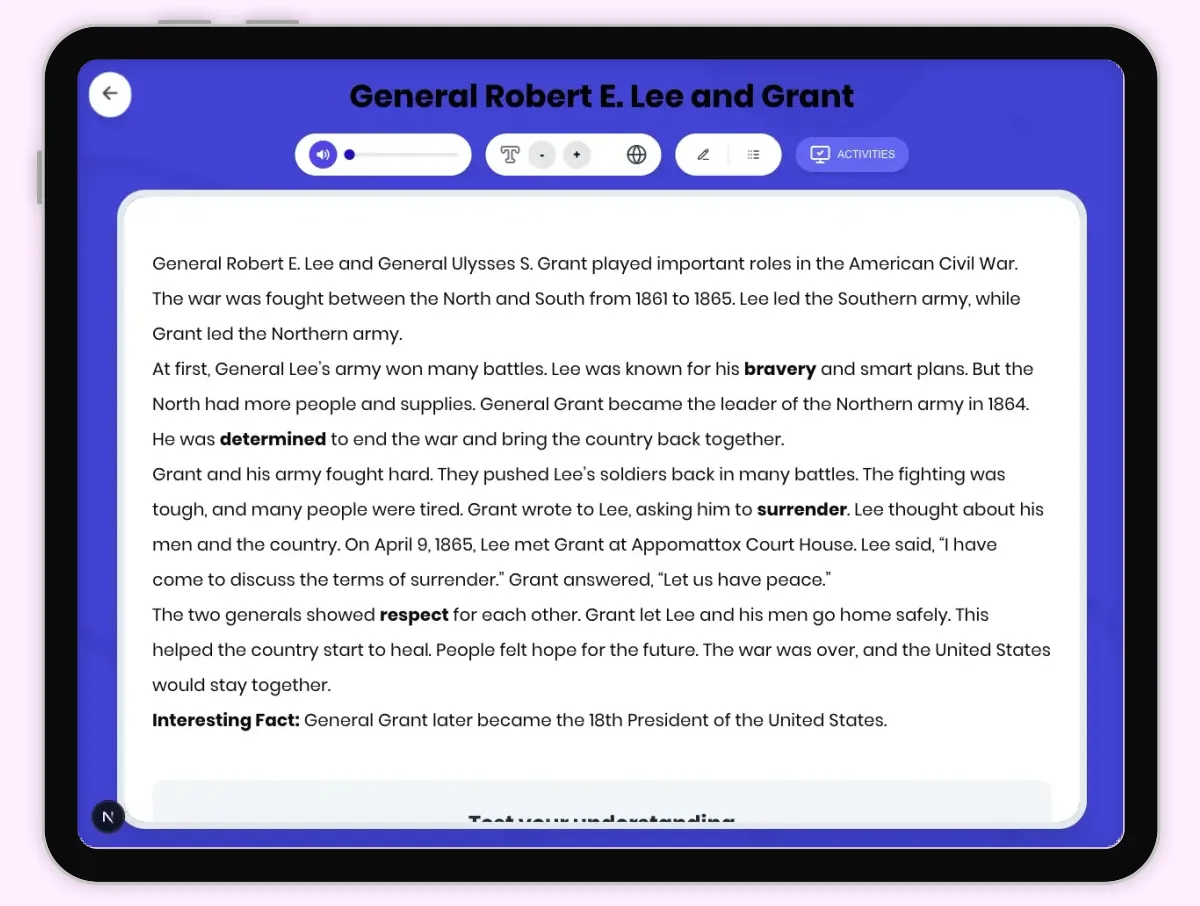 Interactive — Reading Comprehension preview: General Robert E. Lee and Grant covering D2.HIS.2.3-5, D2.HIS.3.3-5, RI.4.3, RI.4.4, RI.5.3, RI.5.4 standards - Page 1 of 1